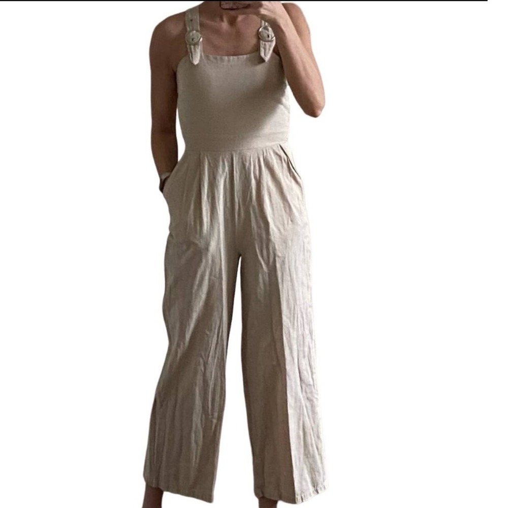 Japna Womens Linen Blend Wide Leg Jumpsuit Olive Green Smocked Back Size M